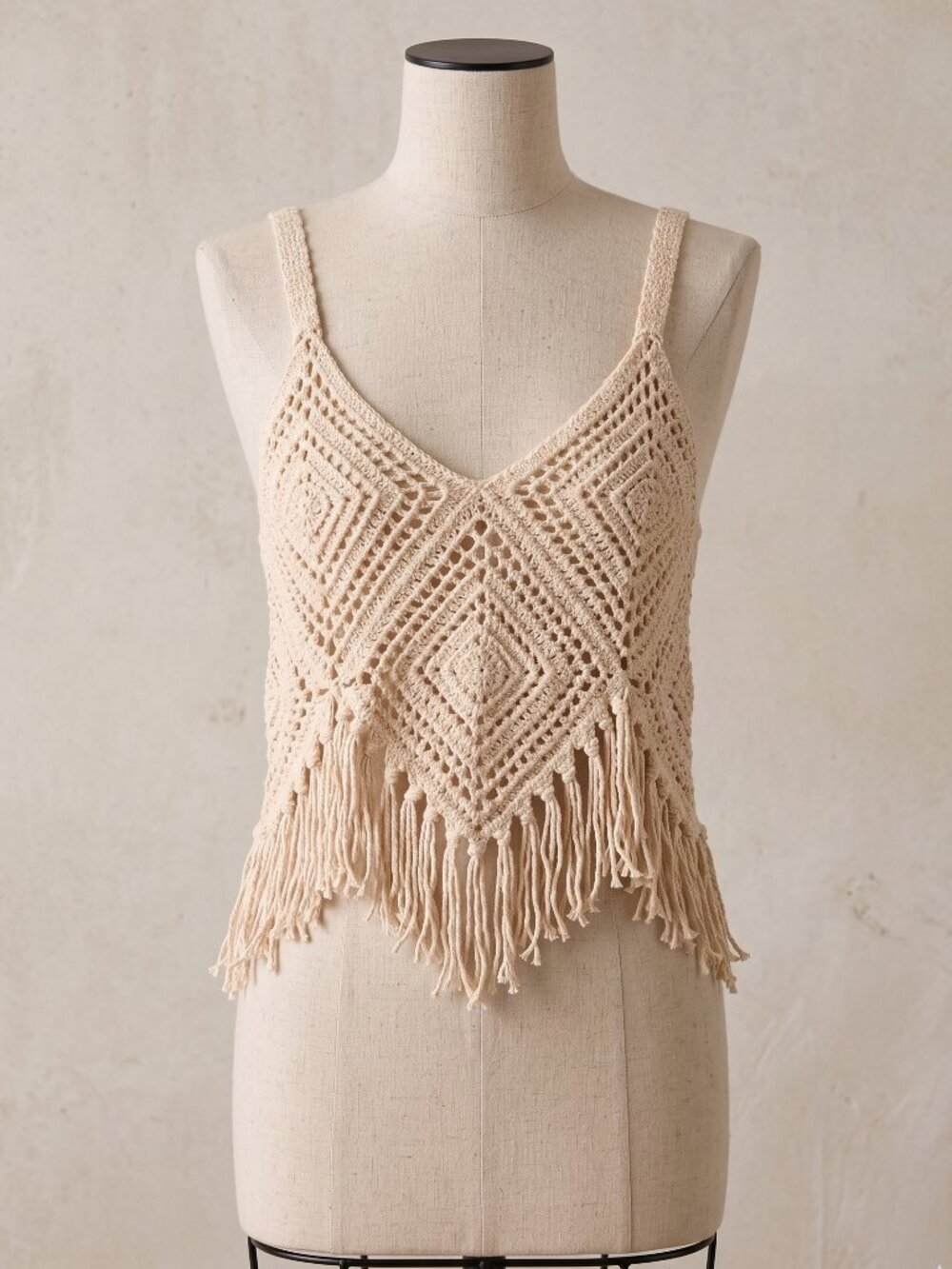 ✨ Zara Crochet Fringe Knit Halter Tank Top Cream Beige Open Weave Cami Size S